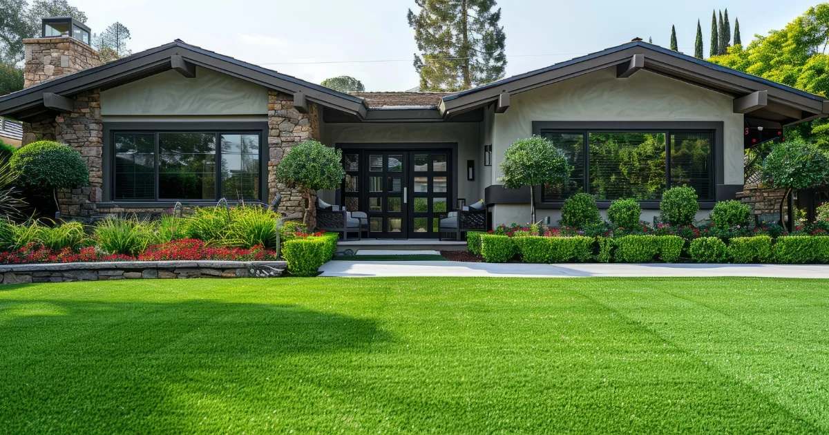 Luxurious modern house with a well-maintained front yard featuring bright green artificial turf and landscaped garden beds.